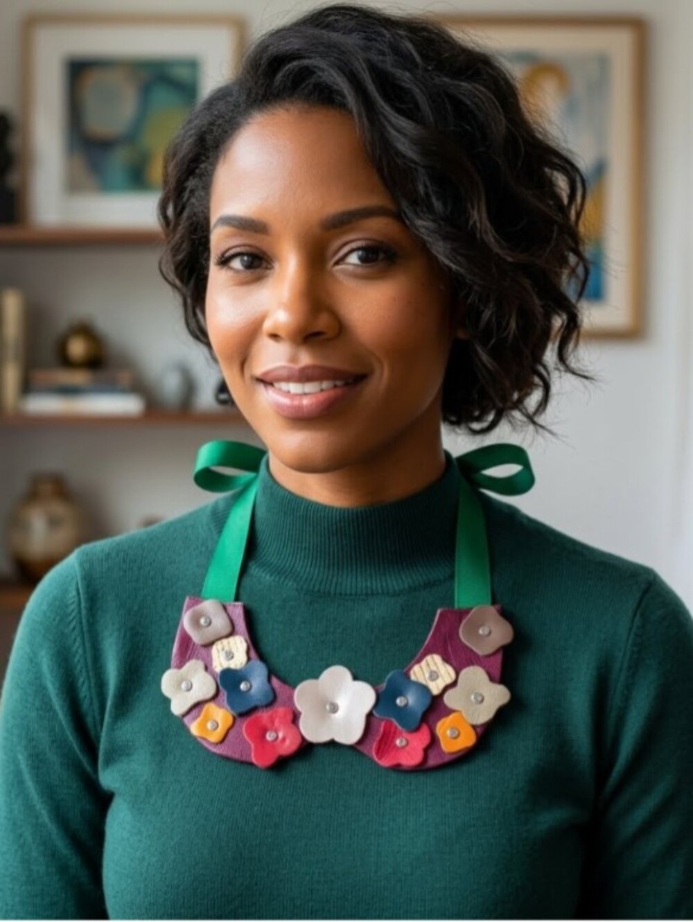 Handmade Genuine Leather Flower Peter Pan Statement Necklace Multi 102
